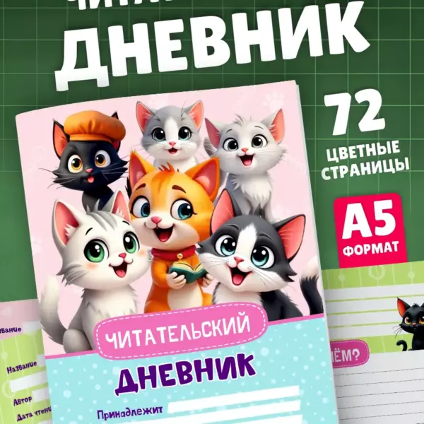 Читательский дневник с котятами — 72 яркие страницы, формат А5