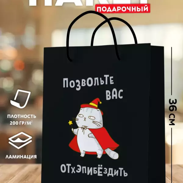 Подарочный пакет 25×36 см — Котик | Плотная бумага 200 г/м² | Ламинация | Пакет для подарков