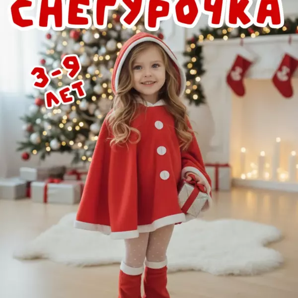 Карнавальная накидка Снегурочка для девочки 3–9 лет — новогодний костюм на утренник и праздник