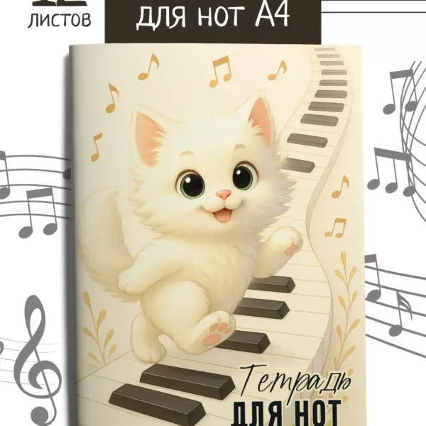 Тетрадь для нот А4 «Котик», 12 листов, 12 станов, нотная тетрадь для музыкальной школы