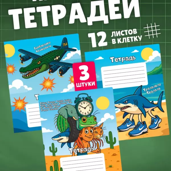 Набор тетрадей 12 листов в клетку 3 шт «Итальянские животные», с таблицей умножения