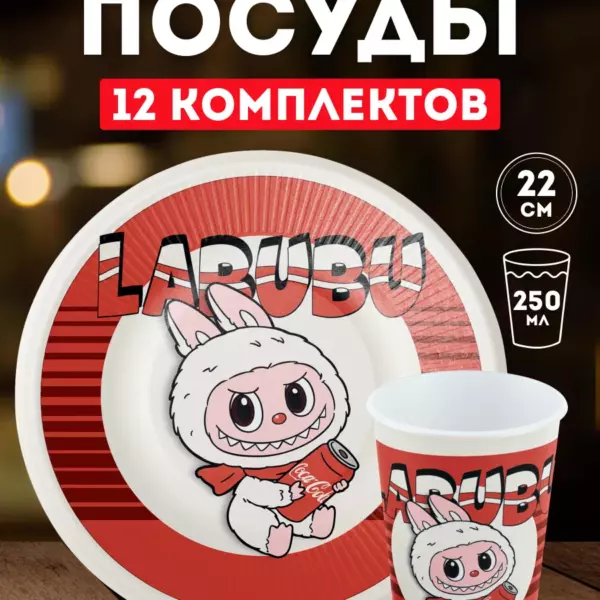 Набор одноразовой посуды Labubu на 12 персон — тарелки 22 см, стаканы 250 мл, плотный картон, ламинированные