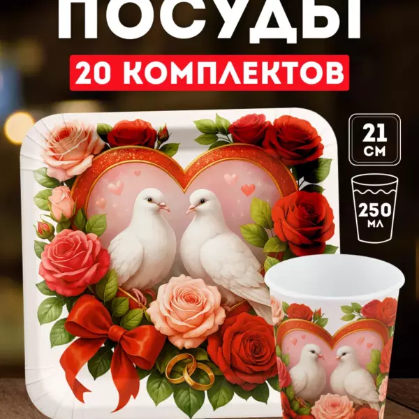 Набор одноразовой посуды 20 персон: тарелки 21 см и стаканы 250 мл Свадьба. Плотный картон с ламинацией, не размокают.