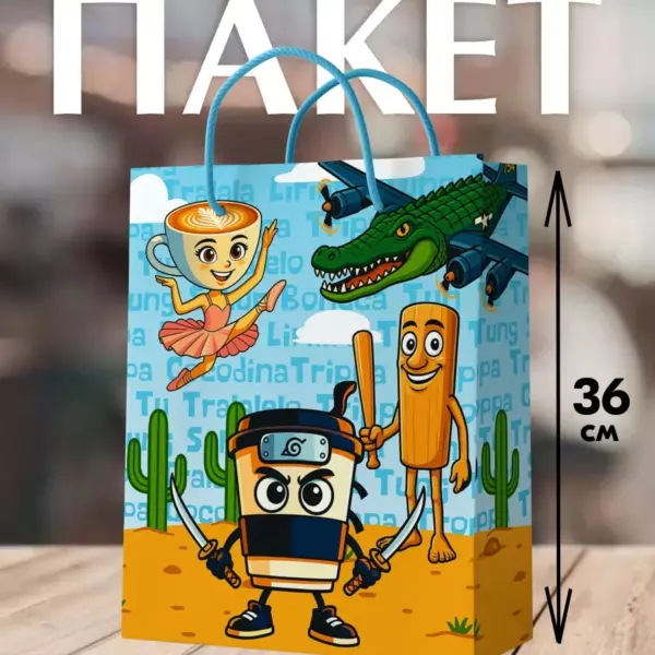 Подарочный пакет 36×25 см большой, Итальянские животные, плотный картон, с ручками, детский для подарка