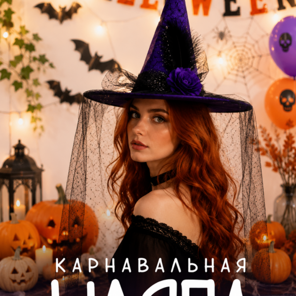 Карнавальная шляпа ведьмы на Хэллоуин с фатином и пером – праздничный аксессуар для костюма