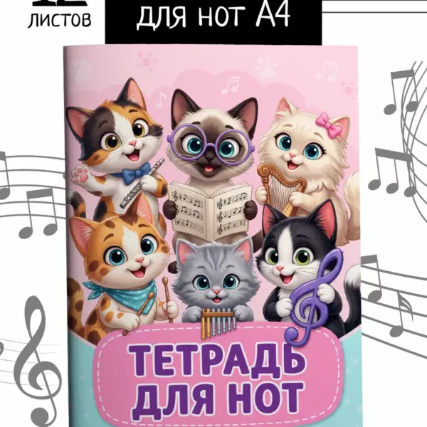 Тетрадь для нот формата А4 на 12 листов с котиками