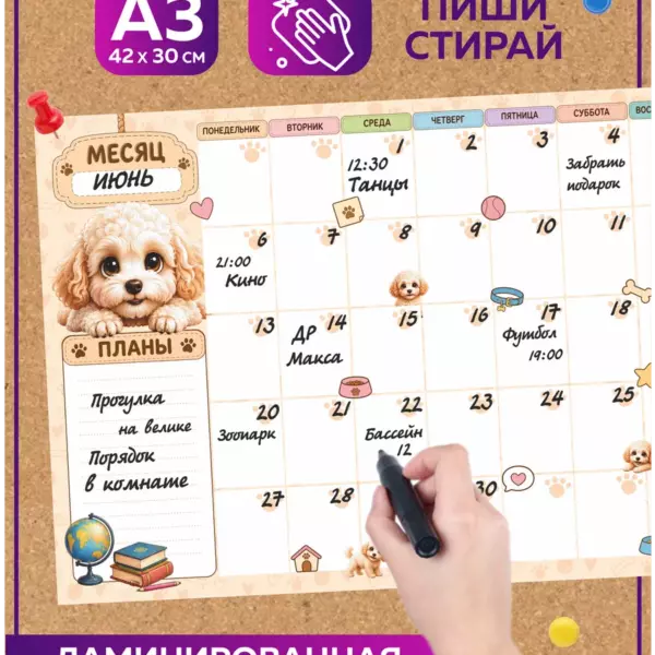 Многоразовый планер А3 с собакой Мальтипу пиши-стирай 42×30 см на месяц