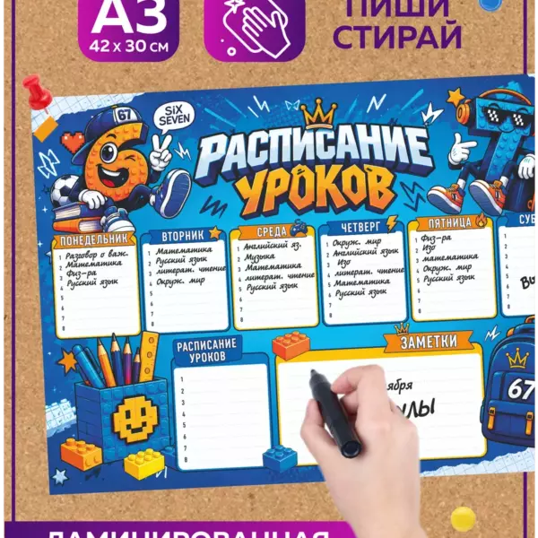 Многоразовое расписание уроков А3 пиши-стирай Six Seven 67, ламинированное школьное расписание