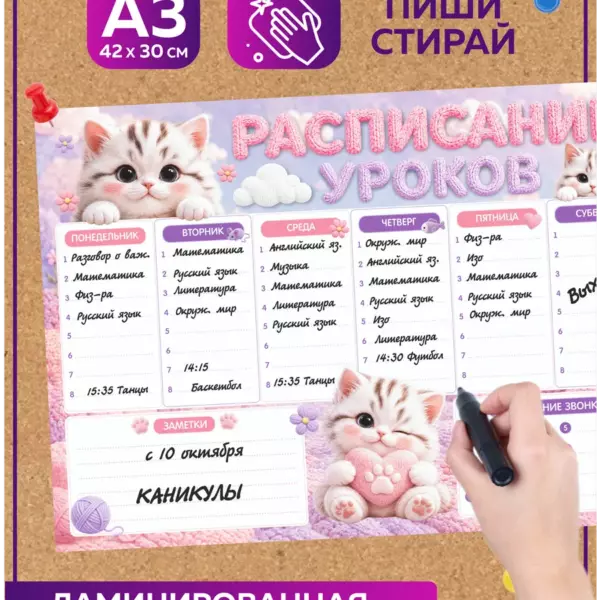 Многоразовое расписание уроков А3 пиши-стирай с котятами, ламинированное школьное расписание