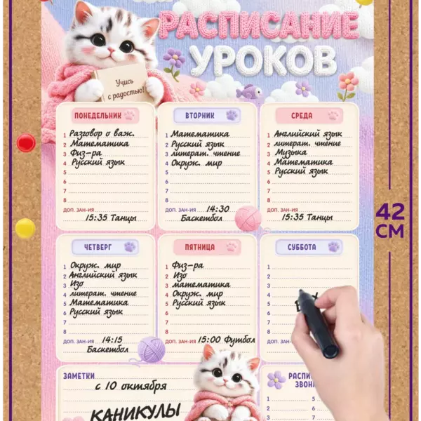 Многоразовое расписание уроков 30×42 см с котенком, школьный планер пиши-стирай