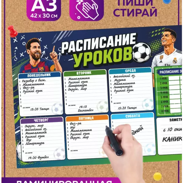 Многоразовое расписание уроков А3 42×30 см Футбол, ламинированный планер пиши-стирай на неделю