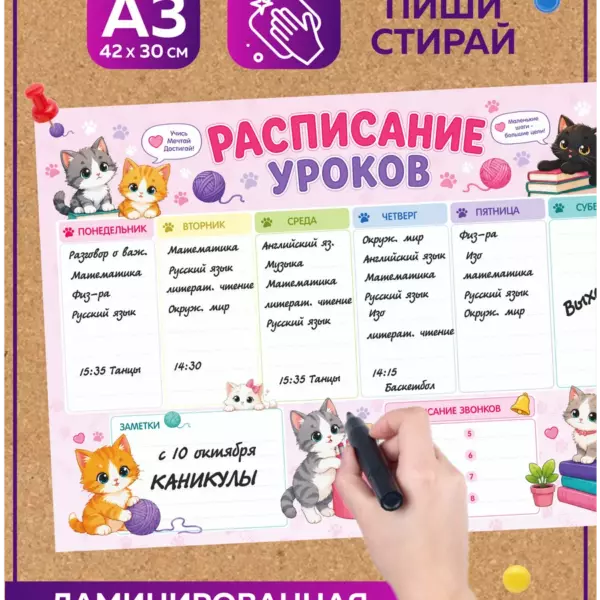Многоразовое расписание уроков 30×42 см с котиками, школьный планер пиши-стирай на неделю