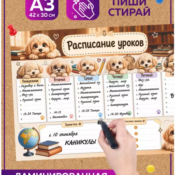 Многоразовое расписание уроков 30×42 см Мальтипу, школьный планер пиши-стирай на неделю