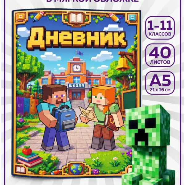 Школьный дневник А5 40 листов Minecraft, дневник для школы со Стивом и Крипером в мягкой обложке 1–11 класс